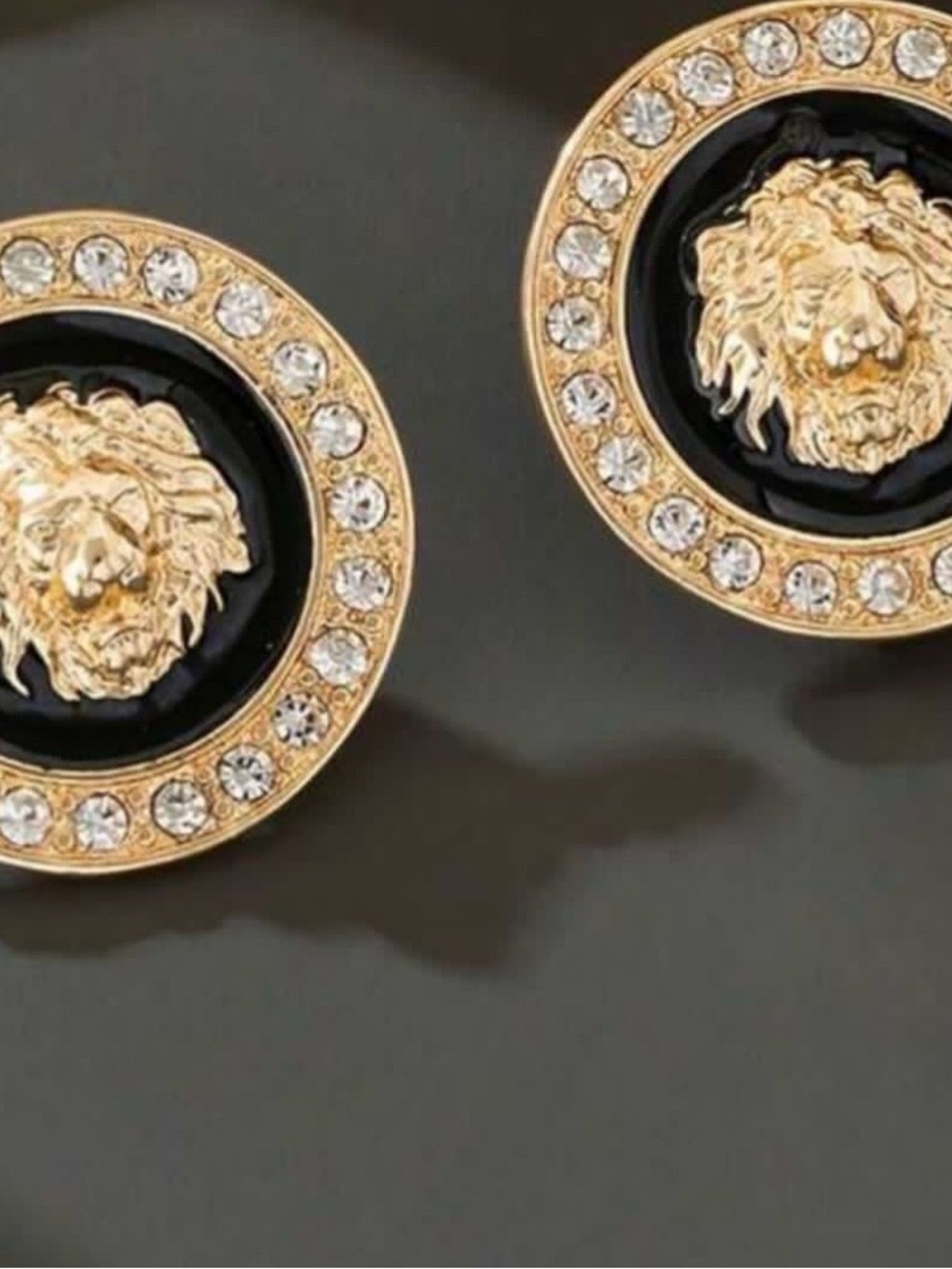 Gold Lion Medallion Earrings with Black Enamel and Crystals